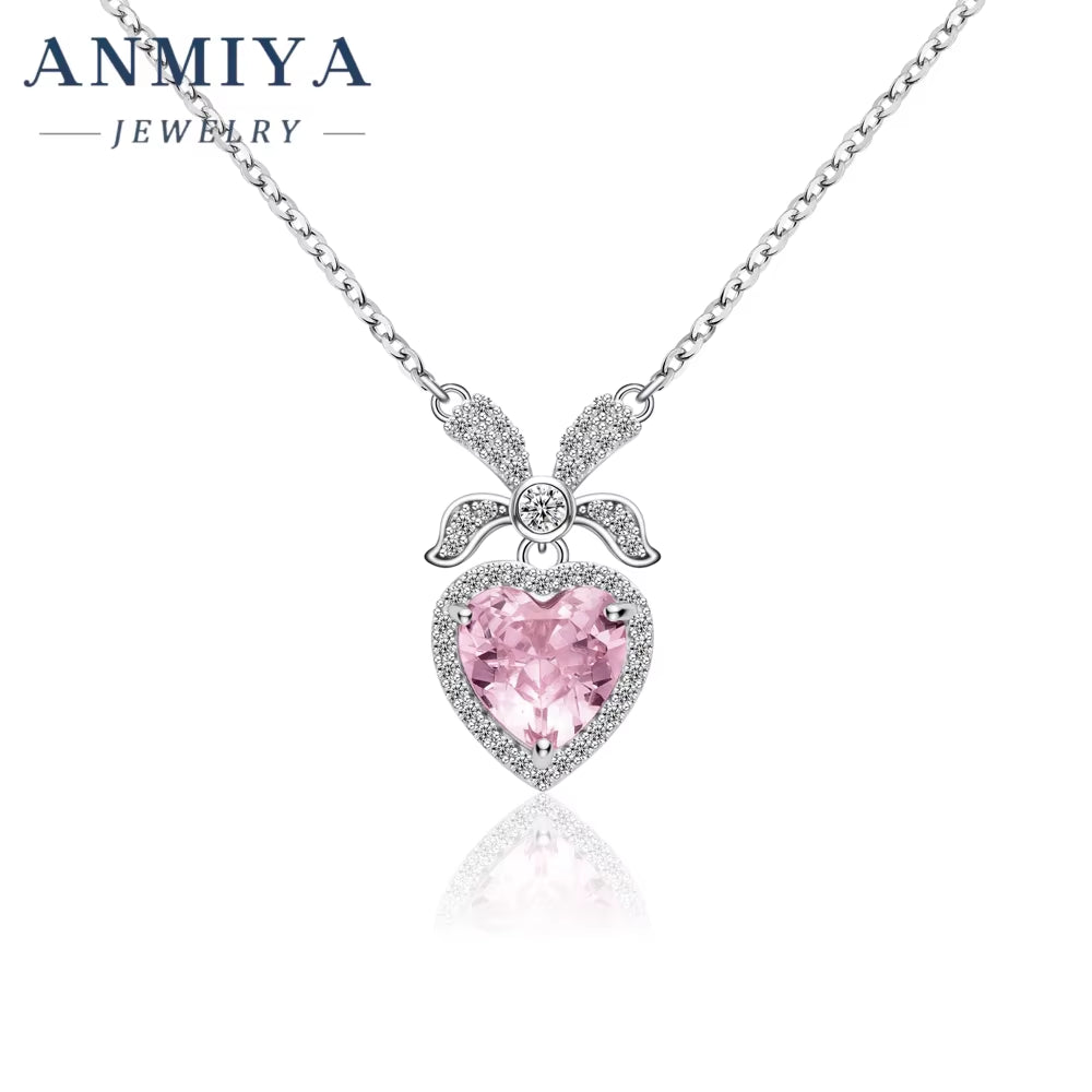 LOVE Heart Shape Pink Fashion Ins 925 Silver Ice Cut Zircon Women Necklace for Girlfriend