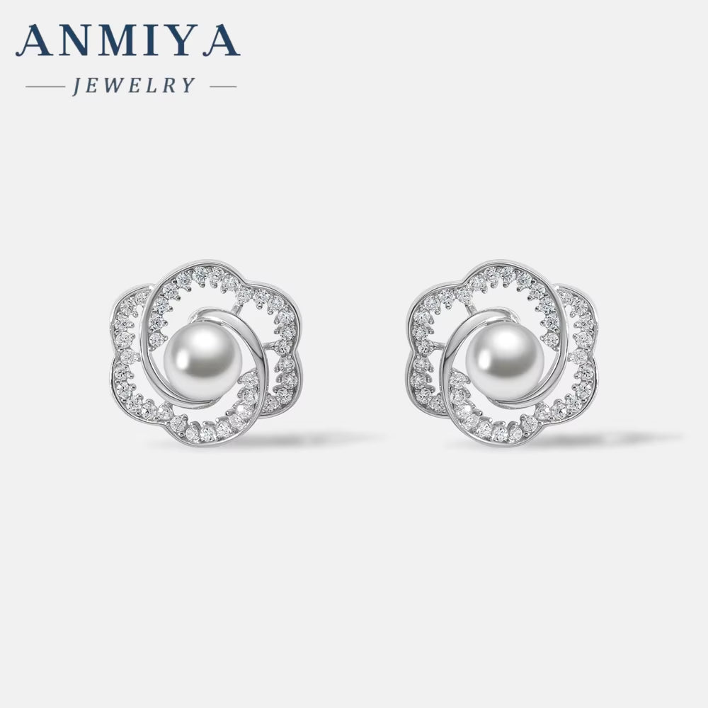 New Fashion Rose Pearl Earrings 925 Silver Women'S High-Grade Personality All-Match Rose Earrings Exaggerated Earrings