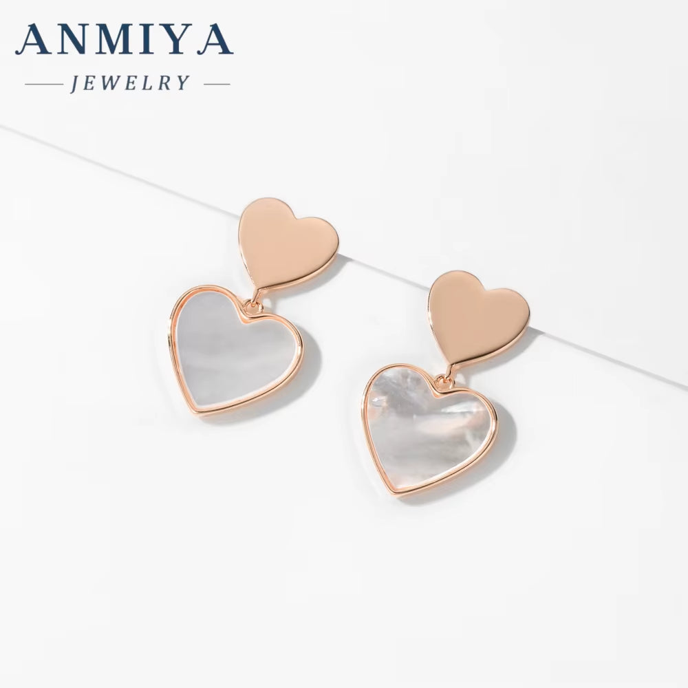 ANMIYA S925 Sterling Silver Korean Style White Shell Earrings 18K Gold Rose Gold Heart Shape Fashion Jewelry Earrings for Women