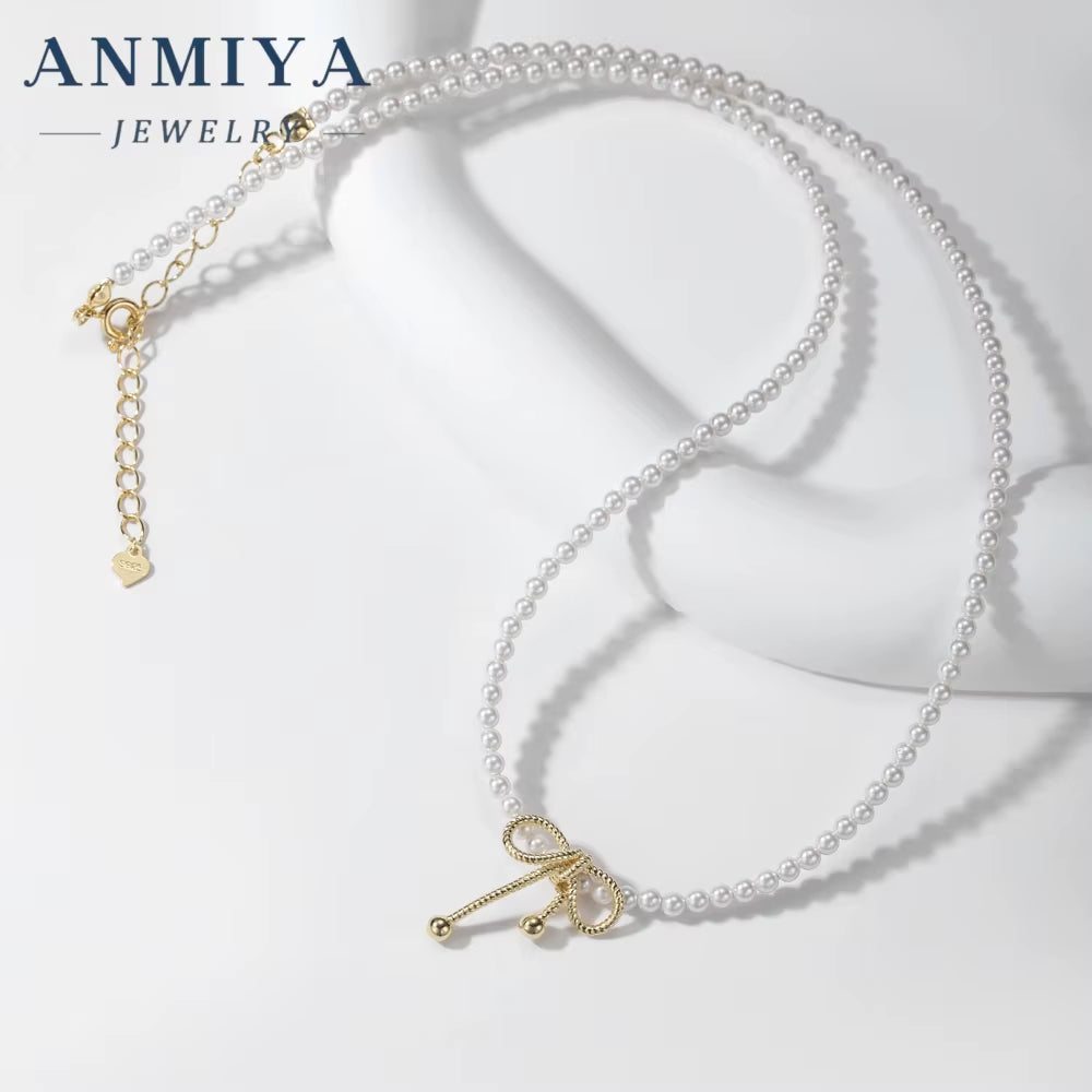 ANMIYA 18K Gold Plated Fashion Charms Choker 925 Silver Baroque Beaded Butterfly Bow Bead Jewelry Pearl Necklaces for Women
