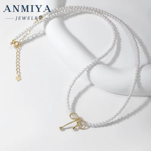 ANMIYA 18K Gold Plated Fashion Charms Choker 925 Silver Baroque Beaded Butterfly Bow Bead Jewelry Pearl Necklaces for Women