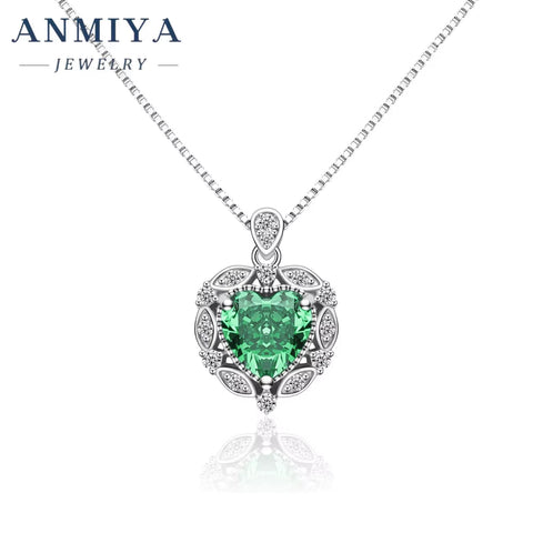 Fine Jewelry 925 Sterling Silver Necklace Green Ice Cut Zircon Heart Shape Necklace for Lover