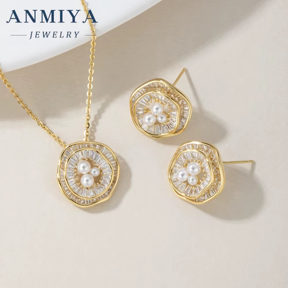 Gold Plated Freshwater Pearl Zircon Flower Pendant Necklace Stud Earrings Set Fine Jewelry for Women