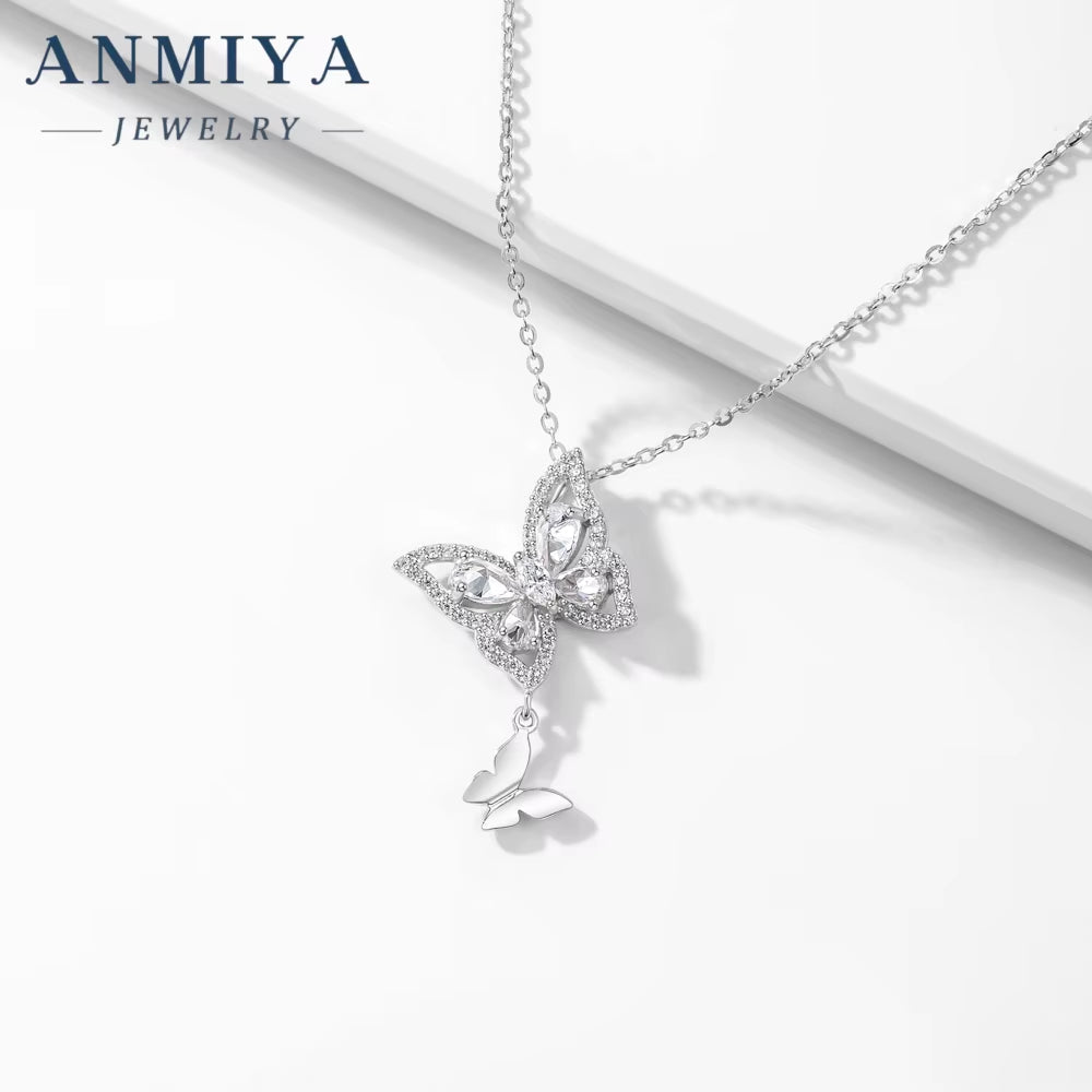 ANMIYA Sweet Fine Jewelry Friendship Jewelry 925 Silver Zircon Women Butterfly Set Pendant Necklace