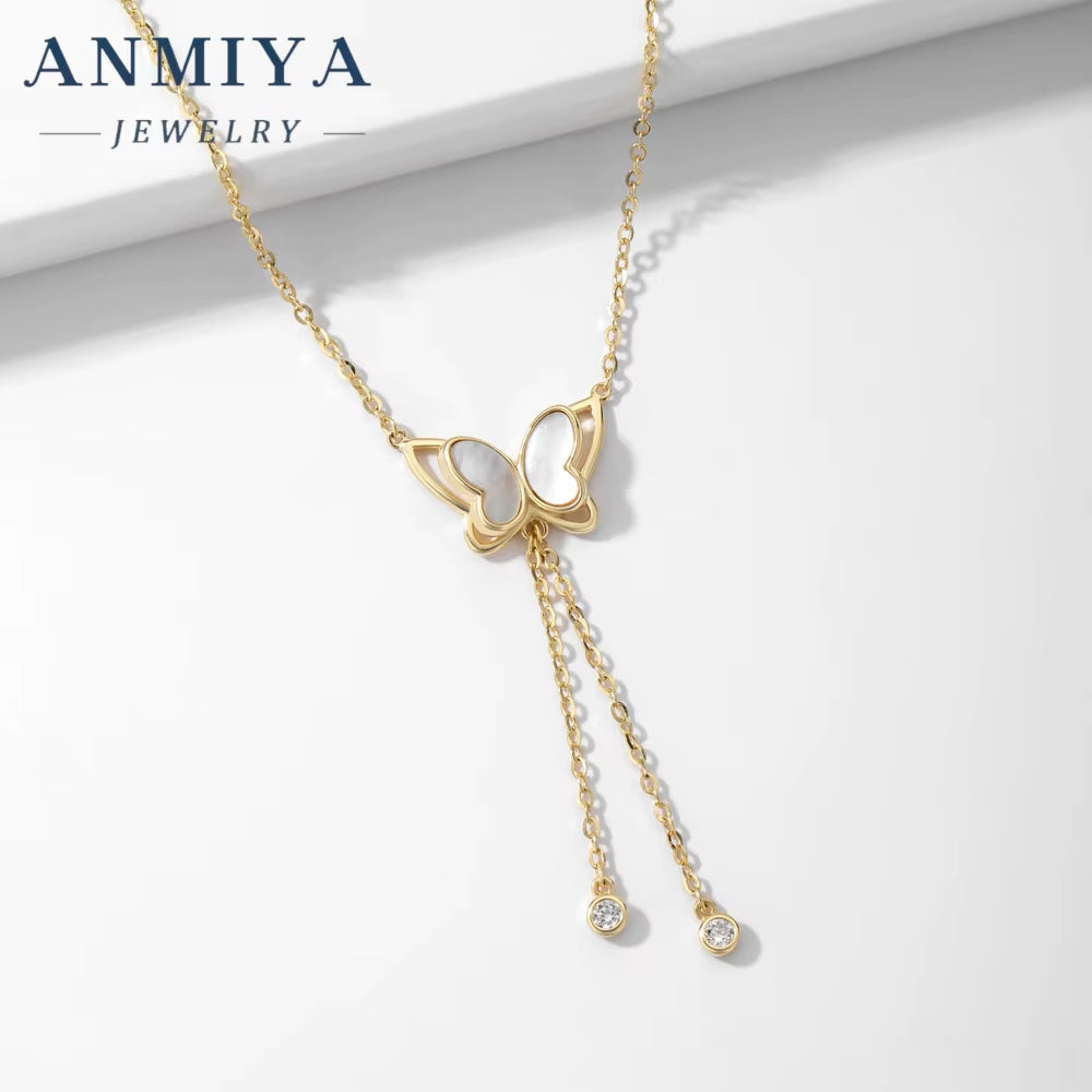 ANMIYA OEM 18K Gold Plated 925 Sterling Silver Female Necklace with Long Tassels and White Shell Adjustable Link Chain for Women