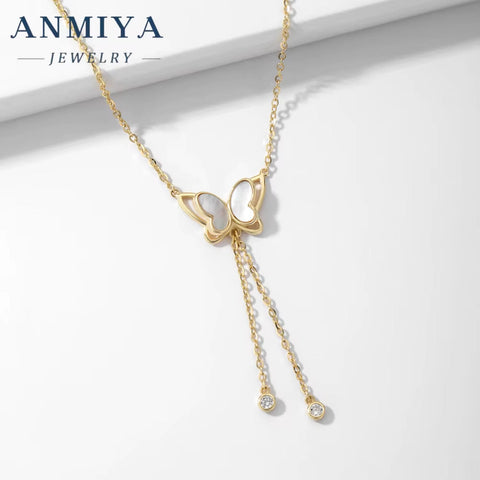 ANMIYA OEM 18K Gold Plated 925 Sterling Silver Female Necklace with Long Tassels and White Shell Adjustable Link Chain for Women