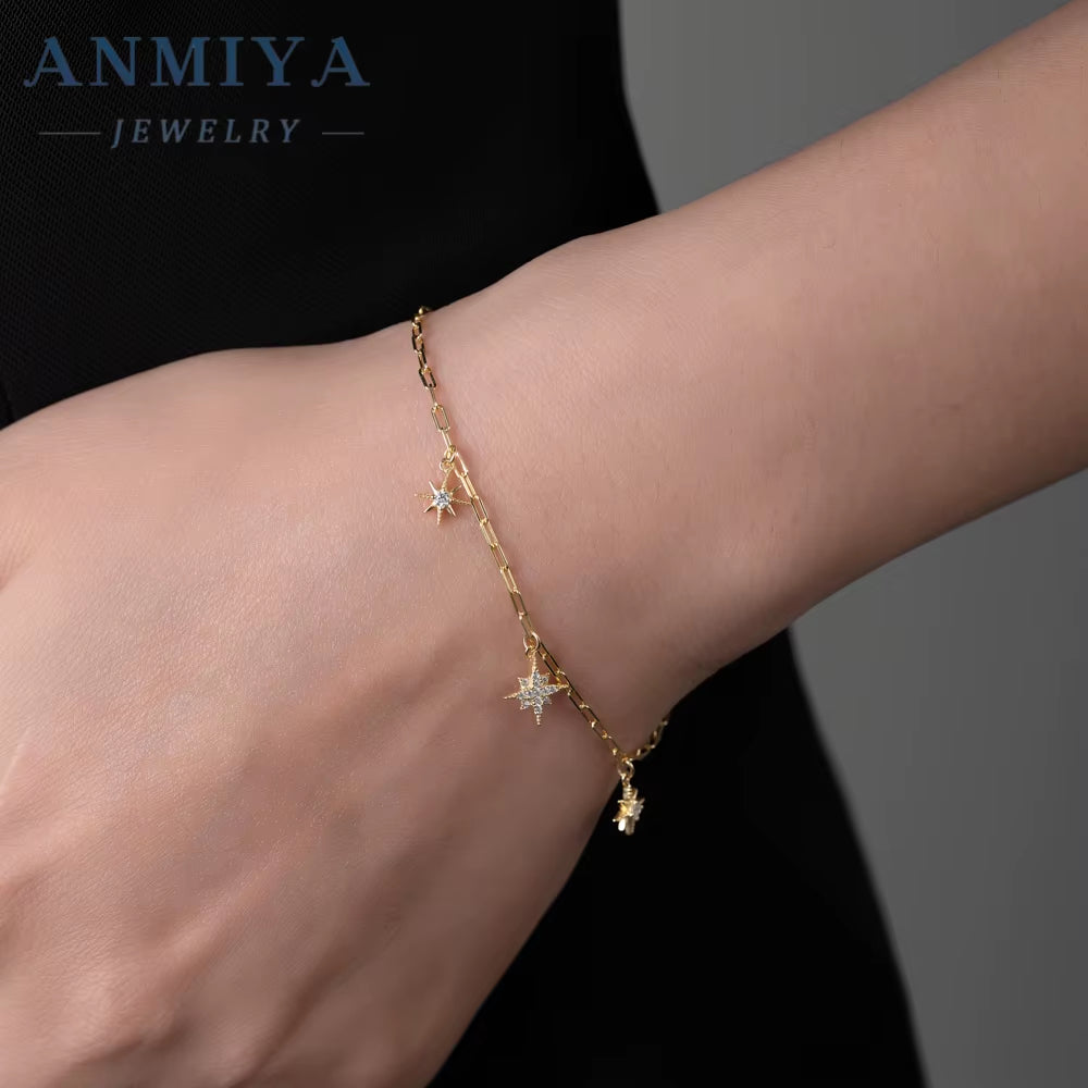 ANMIYA Fashion 925 Sterling Silver Zircon Star Bracelet 18K Gold Plated Star of Bracelet with Zircon Lover