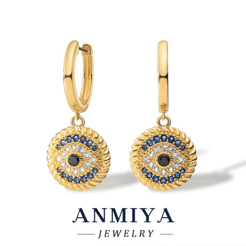 ANMIYA 925 Sterling Silver Eye Pendant and round Hoop Earring Waterproof Gold Plated Demon Eye Earring for Gift