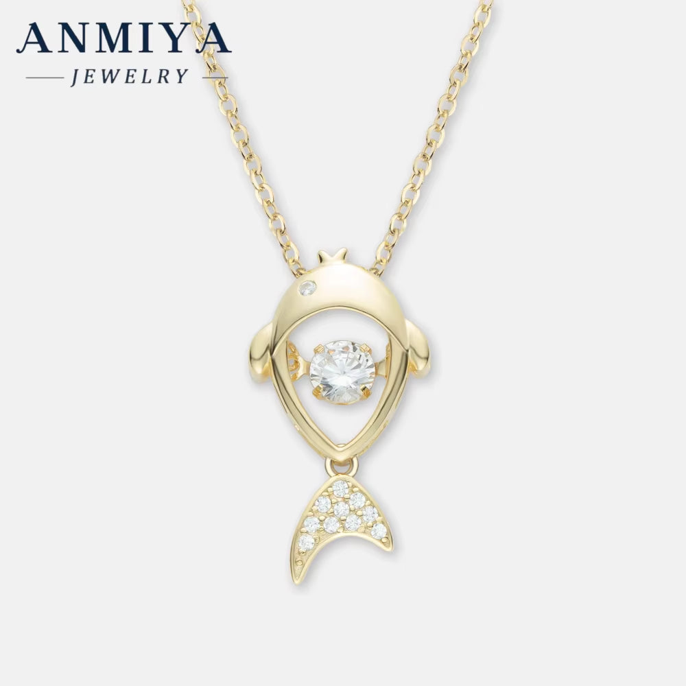 ANMIYA Custom 18K Gold Plated 925 Silver Fish Pendant with Zircon Unique Link Chain Necklace for Ladies Gift