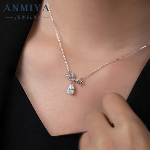 ANMIYA Jewelry S925 Silver Water Drop round Zircon Necklace Women'S Bow Pendant Full Diamond High End Light Luxury Jewelry