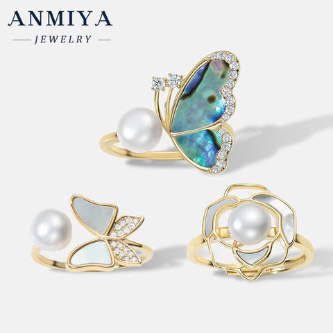 New Trendy 925 Sterling Silver Pearl Flower Butterfly Ring 18K Gold Plated Flower Rings for Lady Women Anniversary Gift