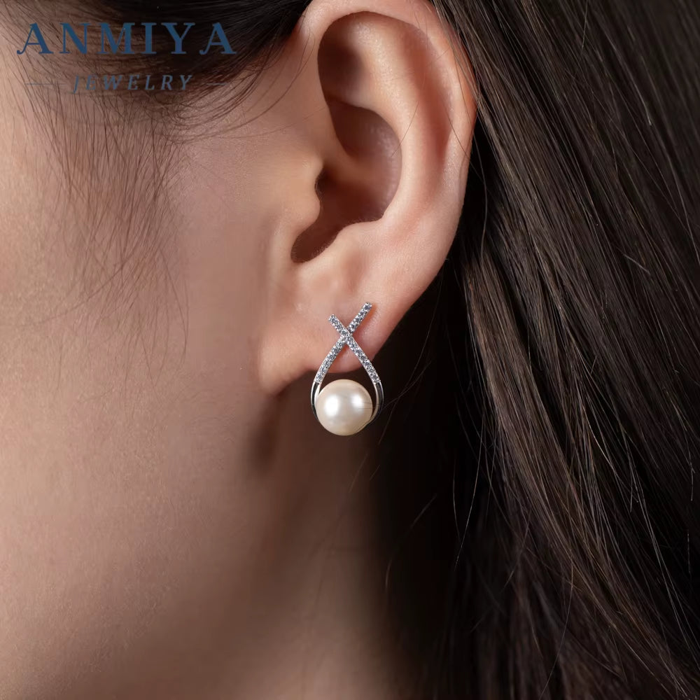 ANMIYA Customized 925 Sterling Silver Water Drop Cubic Zirconia Pearl Stud Earrings