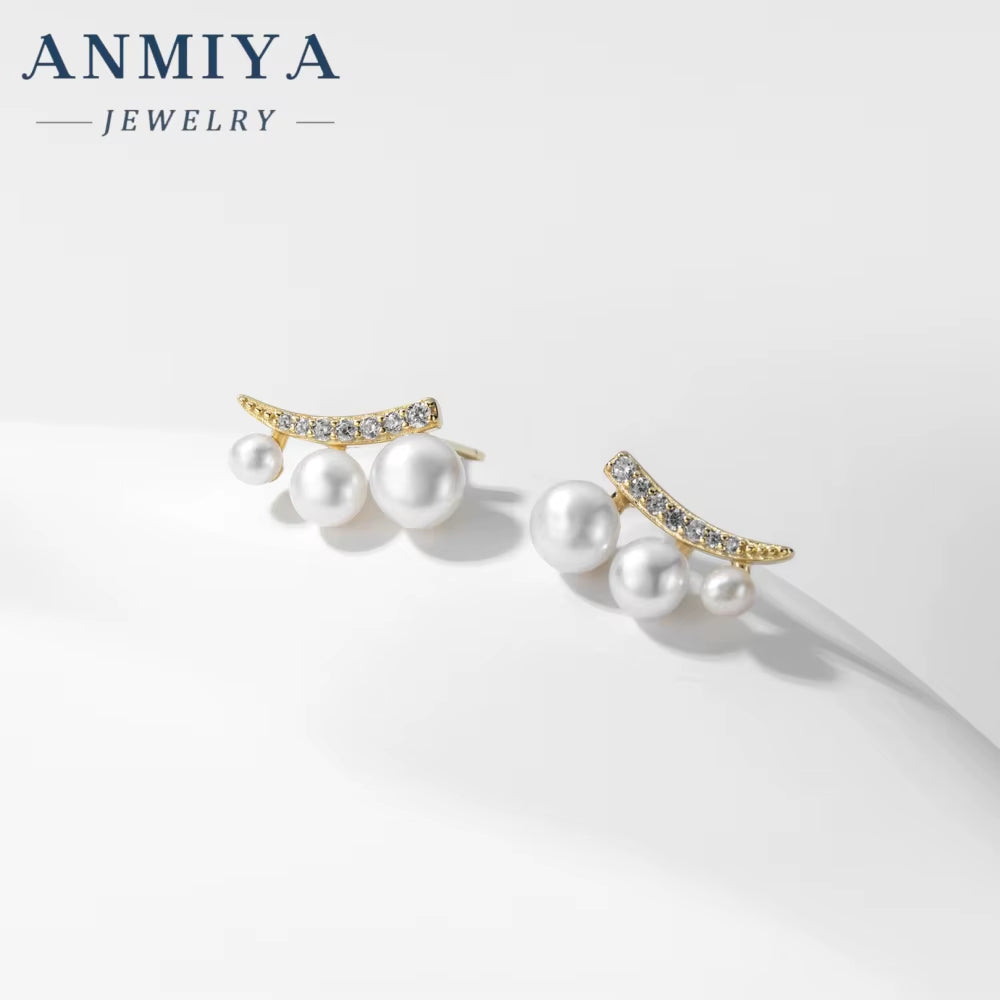 Classic 18K Gold Plated Zircon Stud Earrings Natural White Freshwater Pearls Earrings for Women Silvers Jewelry with Pearl Ear