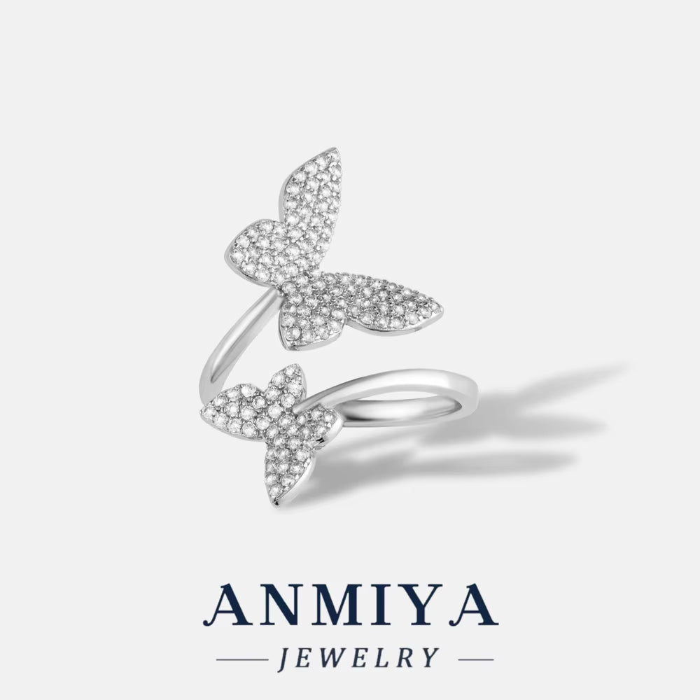 Factory Supply 925 Silver Open Cuff Butterfly Rings Delicate Women'S Finger Sparkling Cubic Zircon Trendy Lucky Butterfly