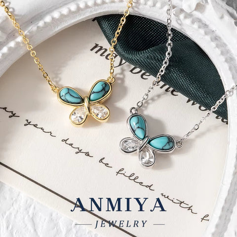ANMIYA Women'S 925 Sterling Silver Butterfly Necklace with Turquoise Stone and Zirconia Link Chain Valentine'S Day Gift