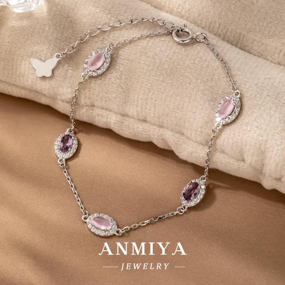 ANMIYA Custom Wholesale 925 Sterling Silver Zircon Bracelets Pink Zircon 18K Gold Link Chain Bracelets for Lovers