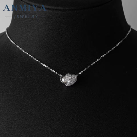 ANMIYA 925 Silver Cubic Zirconia Heart Fresh Water Pearl Shine Diamond Glaring Necklace for Women Fashion