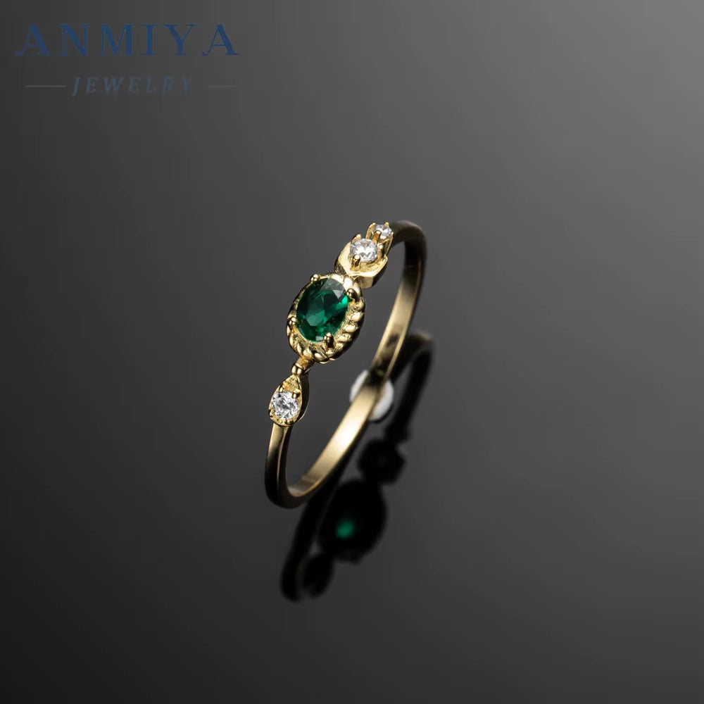 ANMIYA Europe Fashion Vintage Trendy Green Zircon Jewelry 18K Gold Plated Rings for Women