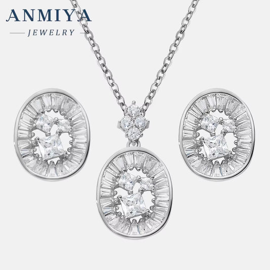 ANMIYA 18K Gold Plated round Shape Hollow Out Zircon 925 Silver Fashion Earrings Necklace Set Jewelry for Ladies