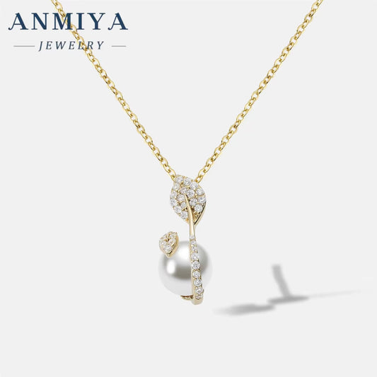 ANMIYA Trendy Jewelry Summer 2024 No Fade Adjustable Long Gold Plated 925 Silver Women Leaf Pearl Pendant Necklace