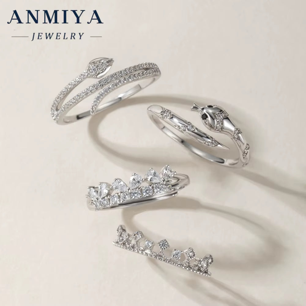 ANMIYA Custom Fashion Diamond Crown Ring 925 Sterling Silver Advanced Snake Shape Cubic Zirconia Fine Jewelry Ring for Women