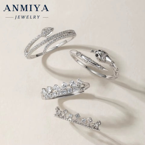 ANMIYA Custom Fashion Diamond Crown Ring 925 Sterling Silver Advanced Snake Shape Cubic Zirconia Fine Jewelry Ring for Women