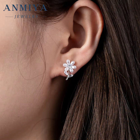 Dainty Sterling Silver 925 Sterling Silver Freshwater Pearl Stud Earrings Flower Design for Gifts