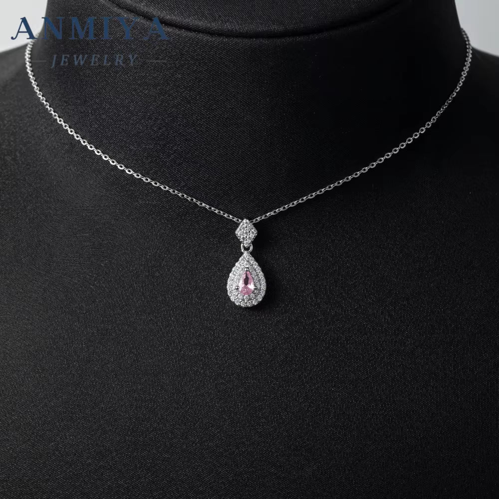ANMIYA Factory Wholesale Jewelry Luxury Ice Pear Cut Pendant 925 Sterling Silver Ice Pink Necklace