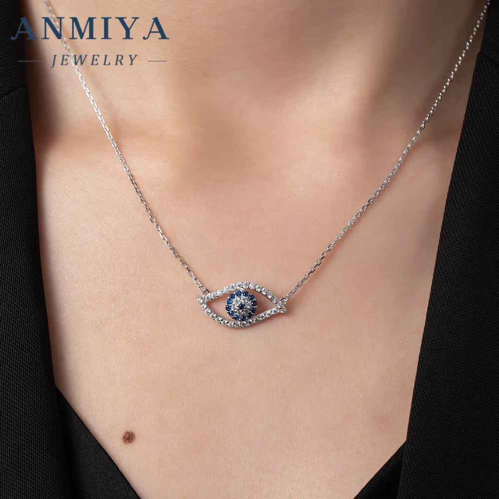 ANMIYA Fashion Blue Color Eye Pendant Necklace Women Simple 925 Sterling Silver Eye Necklace