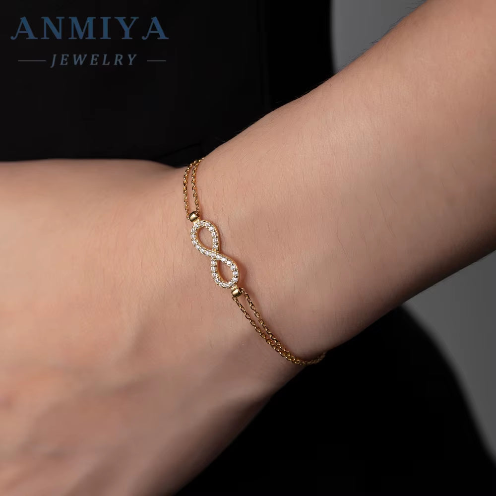 Fine Jewelry Elegant Gold Plated 925 Sterling Silver Double Layer Diamond Love Infinity Eternity Bracelet Woman