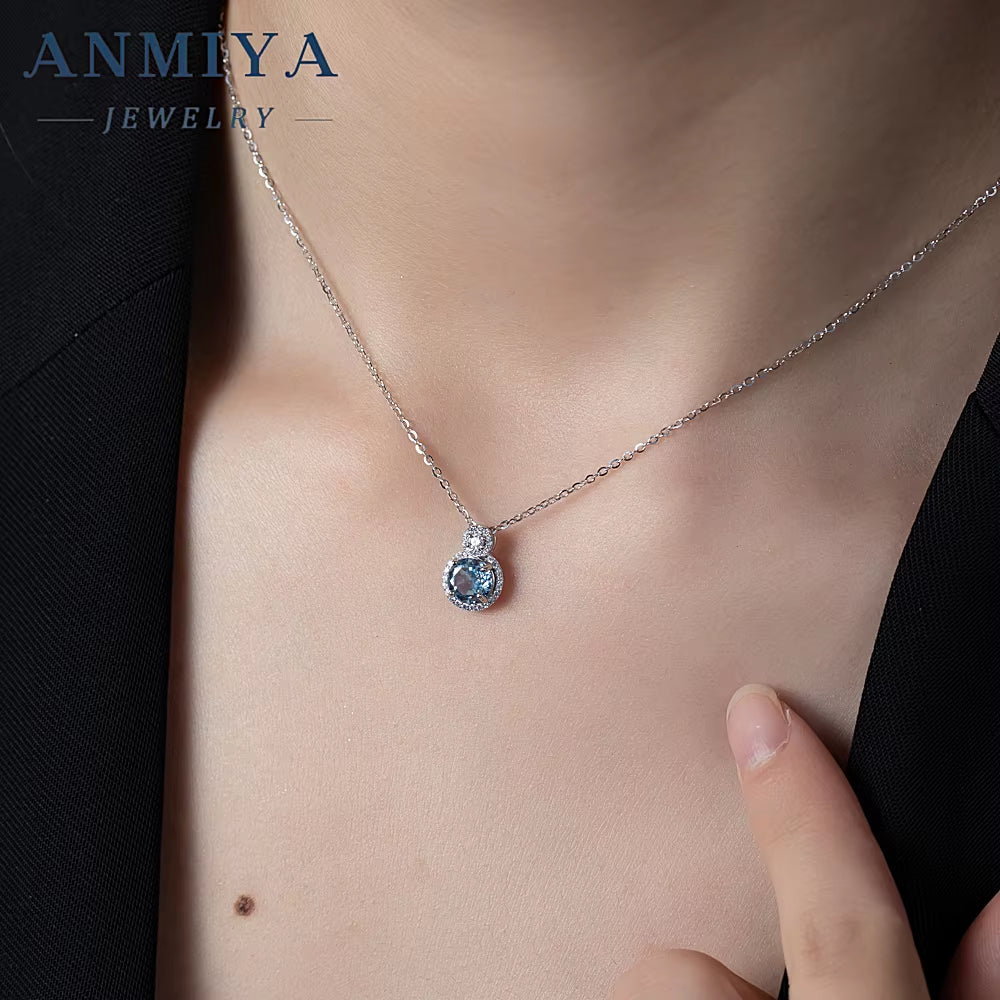 Round Shape Halo Design Silver 925 Chain Diamond Ice Cut Zircon Pendant Blue Necklace