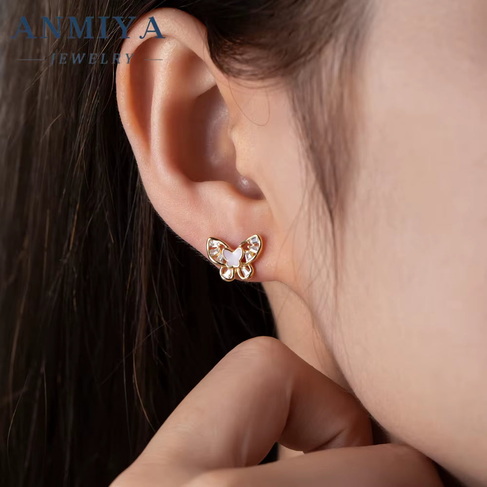 Hollow Out 925 Sterling Silver 18K Gold Plated Pink Shell Zircon Butterfly Sutd Earrings for Bestfriends Girlfriend