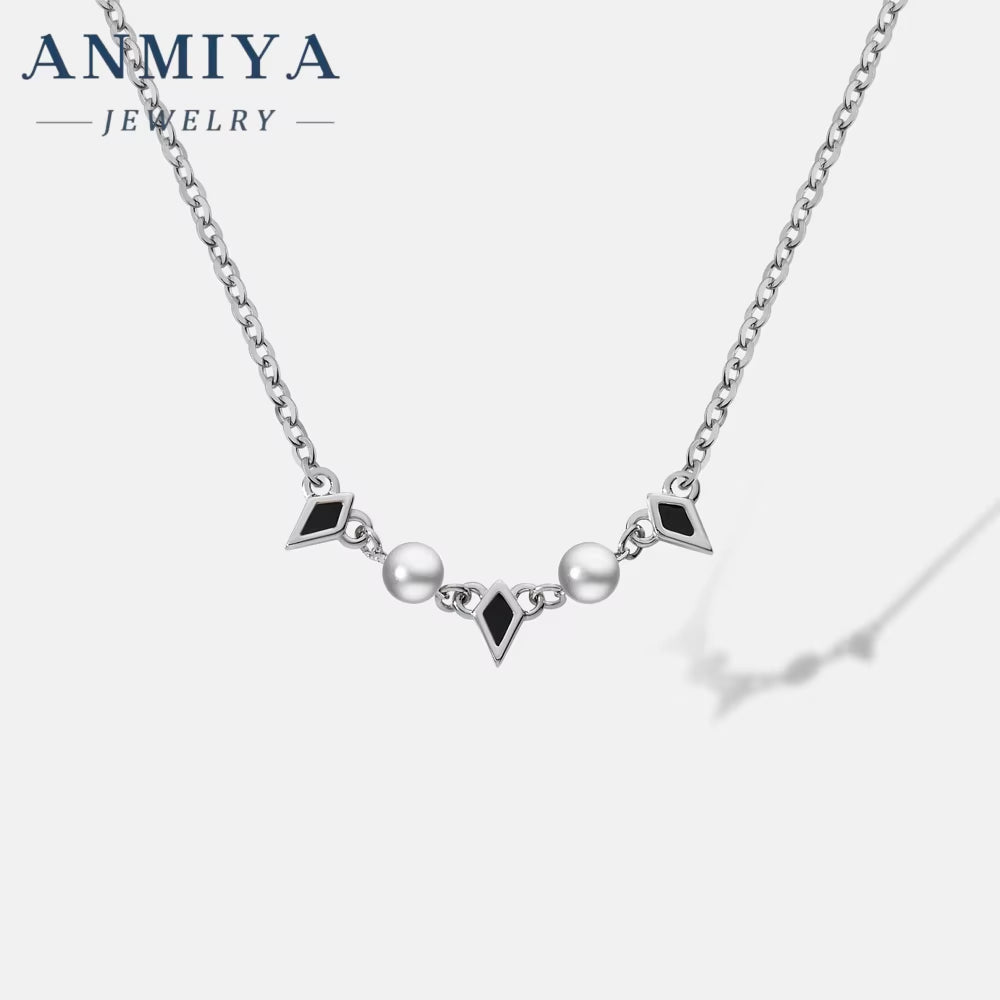 ANMIYA Fine 925 Silver Black Rhomboid Nature Fresh Water Pearl Necklace Jewelry Fashion for Women