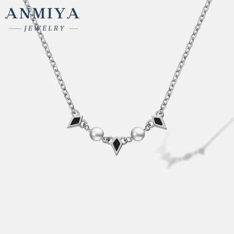 ANMIYA Fine 925 Silver Black Rhomboid Nature Fresh Water Pearl Necklace Jewelry Fashion for Women
