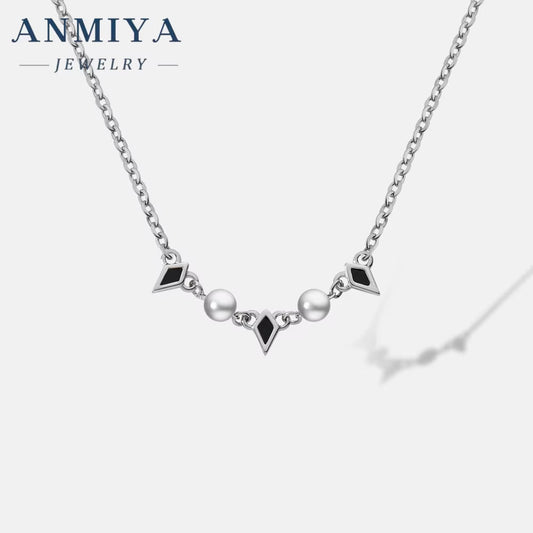ANMIYA Fashionable 925 Silver Black Rhomboid Nature Fresh Water Pearl Charm Collarbone Necklace