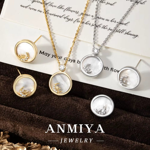 Classic Silver 925 Jewelry Set with White Shell Accents Circle Design and Star Moon Motif for Daily Accessories
