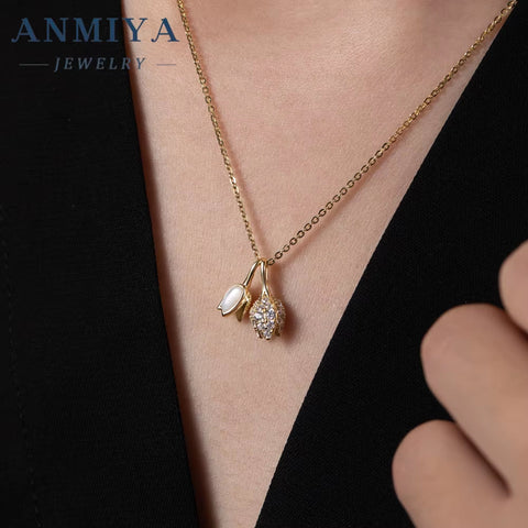 ANMIYA New 925 Sterling Silver Cute 18K Gold Plated Rose Flower Pendant Women'S Necklace Jewelry