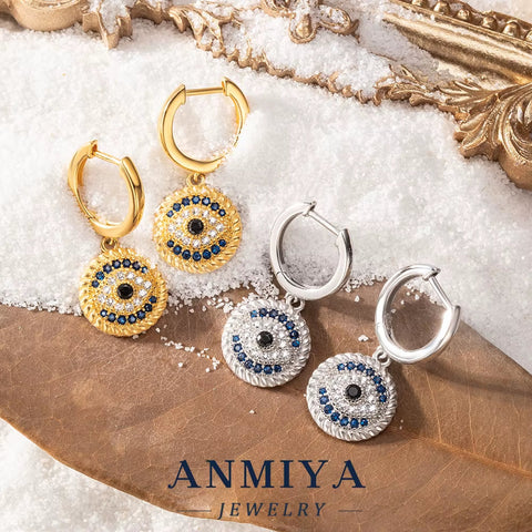 ANMIYA 925 Sterling Silver Eye Pendant and round Hoop Earring Waterproof Gold Plated Demon Eye Earring for Gift