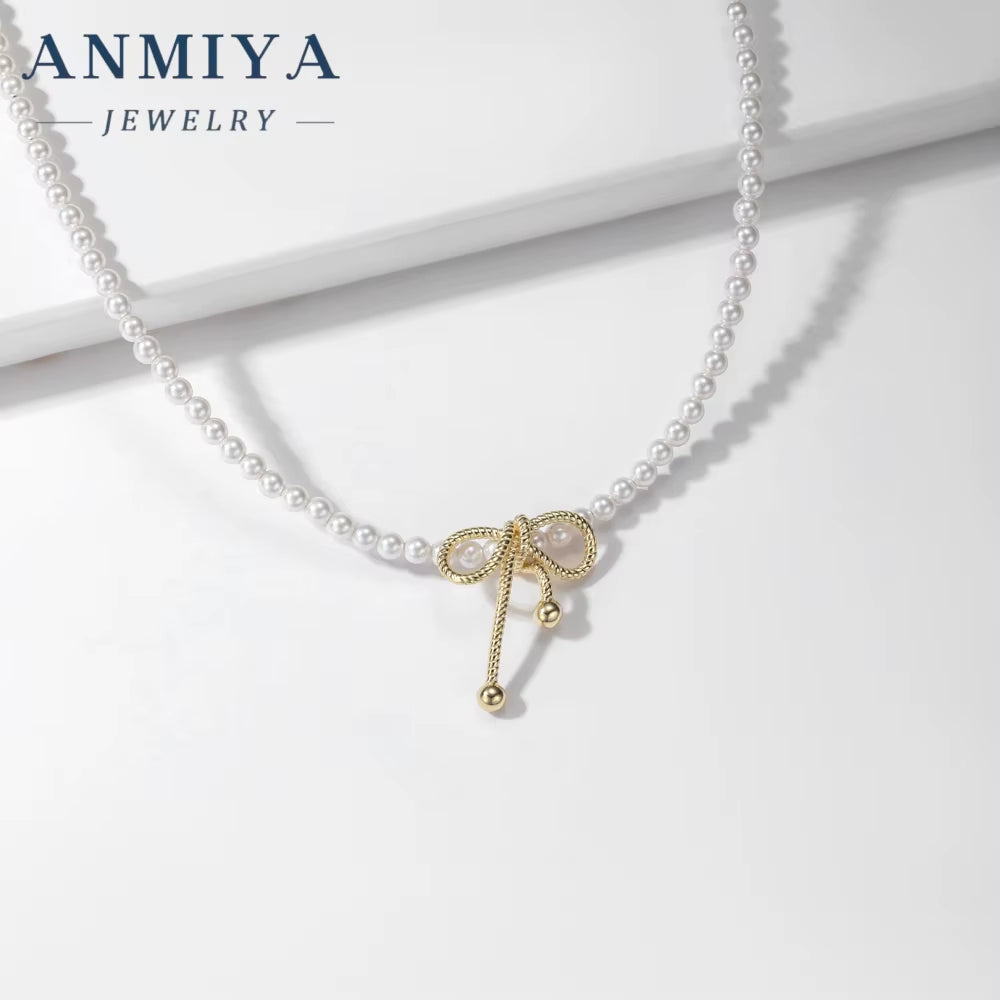 ANMIYA 18K Gold Plated Fashion Charms Choker 925 Silver Baroque Beaded Butterfly Bow Bead Jewelry Pearl Necklaces for Women