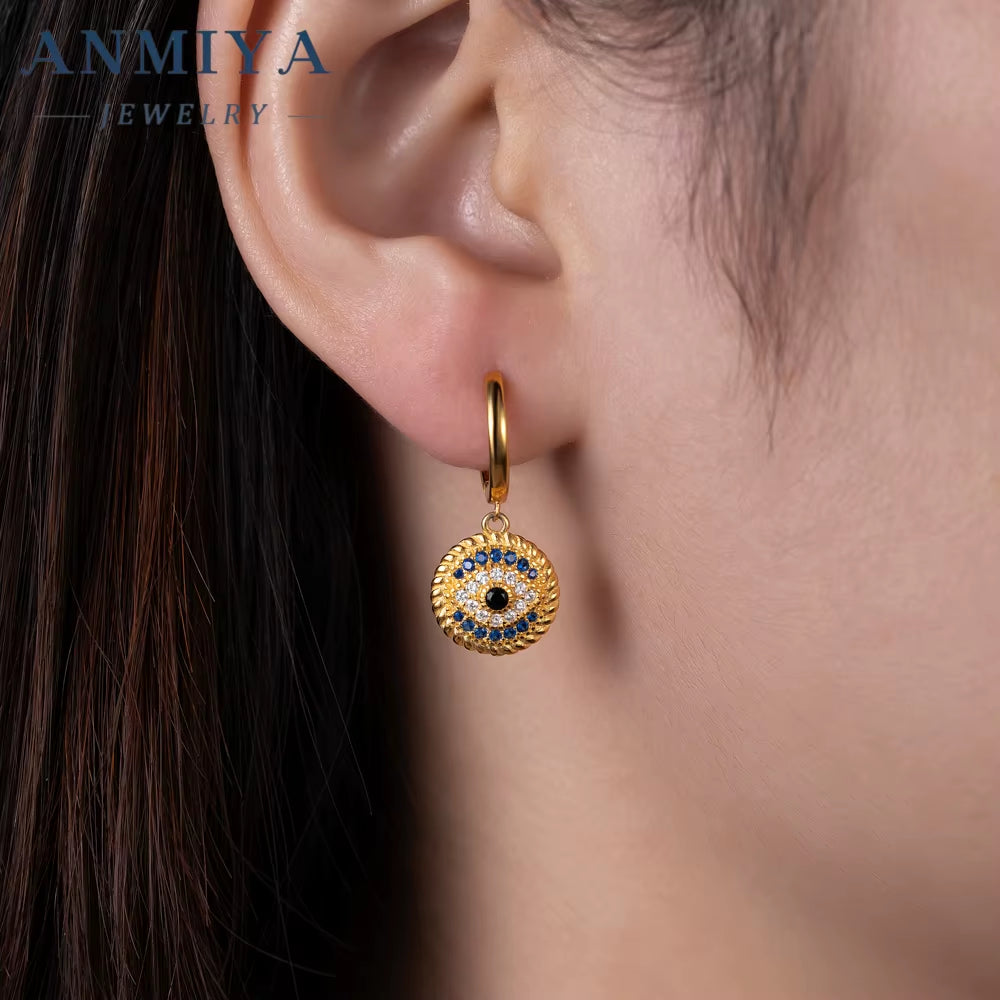 ANMIYA Waterproof 925 Sterling Silver Zircon Evil Eyes Pendant Earring 18K Gold Demon Eye round Hoop Earring