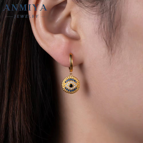ANMIYA Waterproof 925 Sterling Silver Zircon Evil Eyes Pendant Earring 18K Gold Demon Eye round Hoop Earring