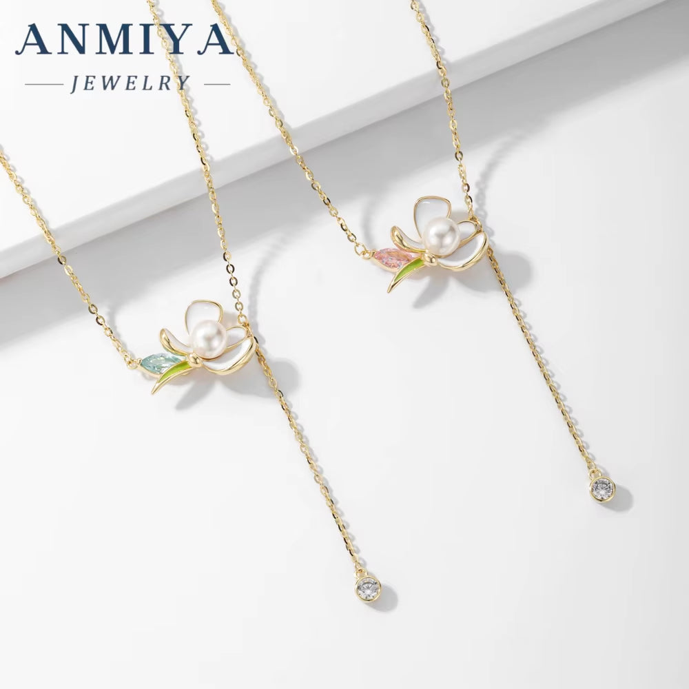 ANMIYA Wholesale 18K Gold Plated Chain with Pearl Flower Pendant 925 Silver Tassels No Fading Necklace for Women