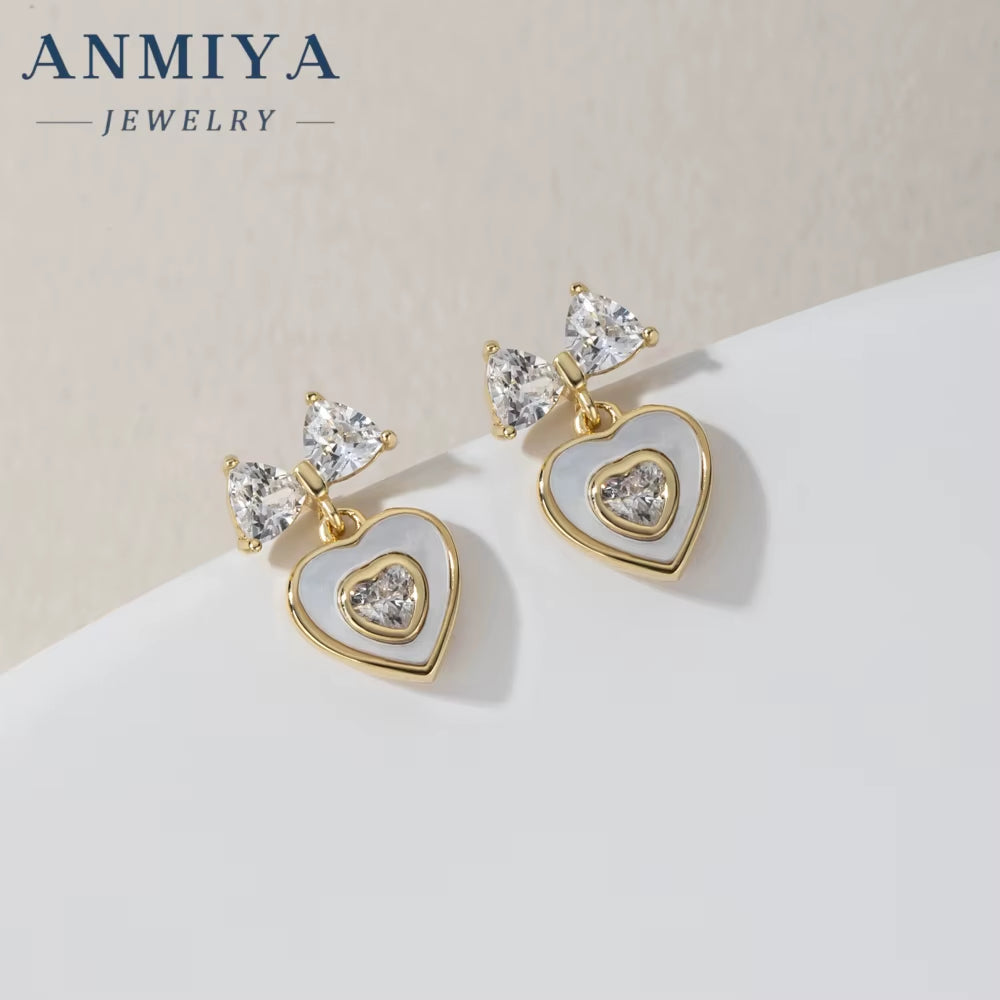 Hotsale 2024 Heart Bow Lovely Drop Earrings 925 Sterling Silver Zircon 18K Gold Filled Lady Sweet Heart Stud Earrings