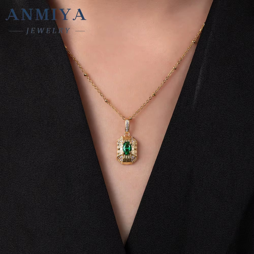 2024 New Green Square Necklace Earrings 925 Silver 18K Gold-Plated Zircon Fashion Jewelry Necklace Set for Women