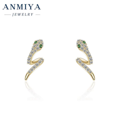New Fashion Real Gold Plating Green Eyes Snake Shape 18K Gold 925 Sterling Silver Stud Earrings Punk Women Earrings
