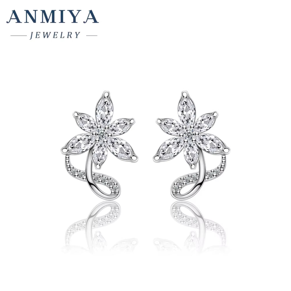 New Design Silver 925 Lab Diamond Ring Cubic Zirconia Flower Stud Earrings for Ladies