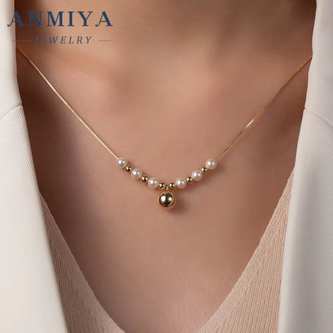 ANMIYA 18K Gold Plated 925 Sterling Silver Chain Beads Necklace Freshwater Cultured Pearl Necklace for Women Girls
