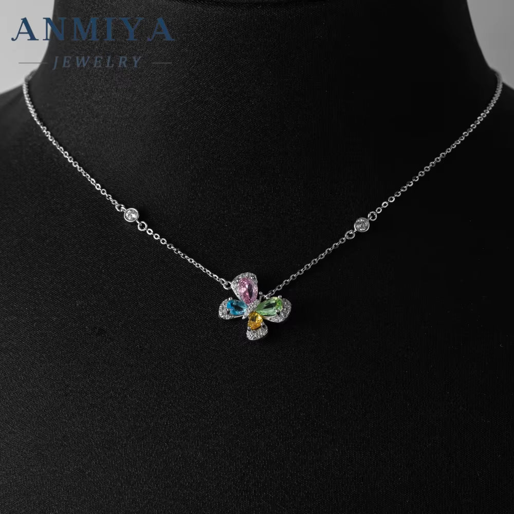 Clover Necklace Zircon 925 Silver Colorful Zirconia Charm Pendants Custom Necklace Cubic Zirconia Necklace