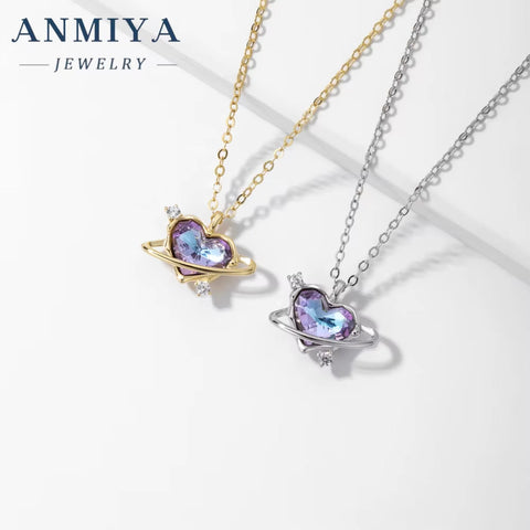 High Quality Fashion Jewelry Factory Shiny Temperament Purple Heart-Shaped Planet 925 Silver Needle Zircon Necklace