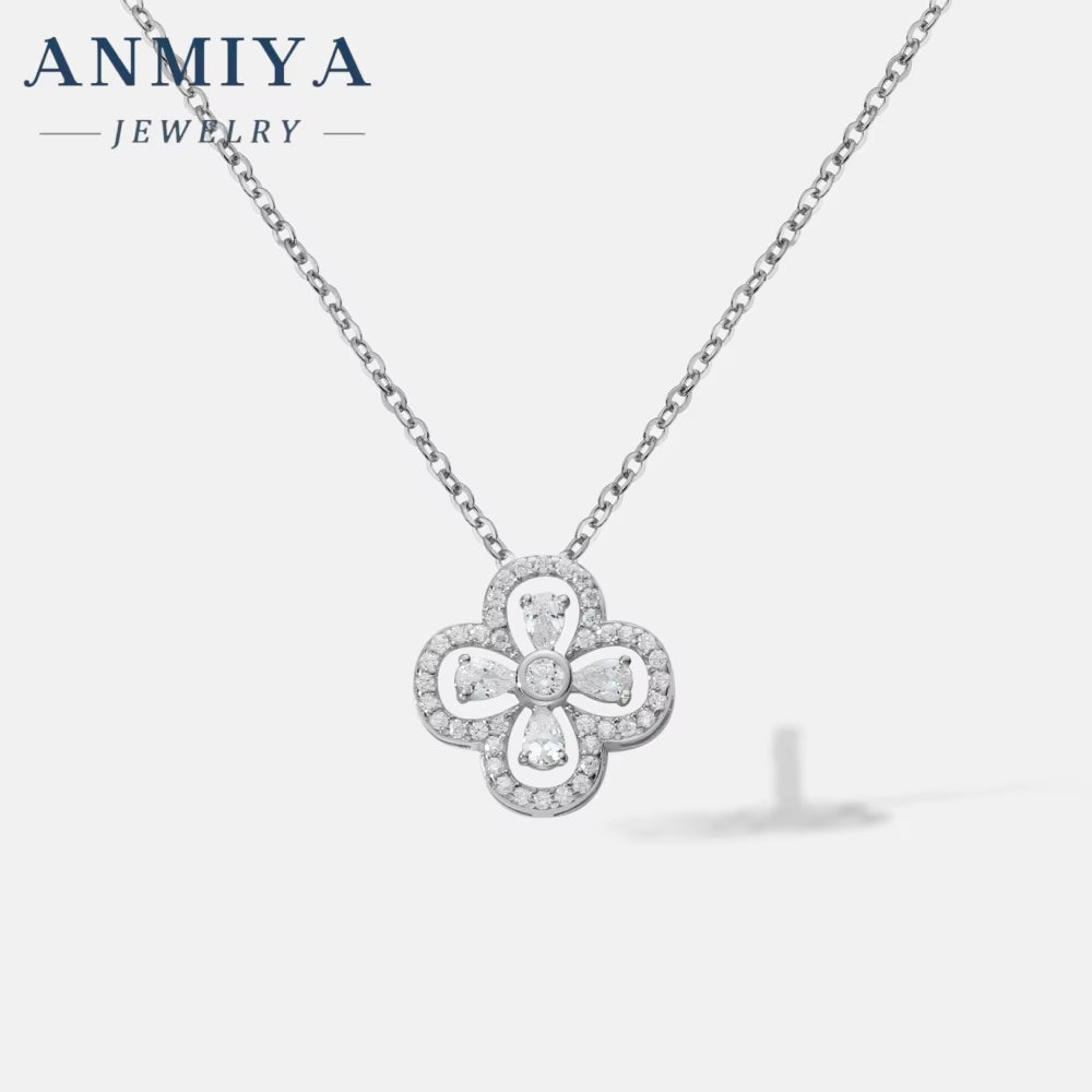 ANMIYA 18K Gold Plating Women'S Necklace Double-Sided Four Leaf Clover Pendant of 925 Sterling Silver